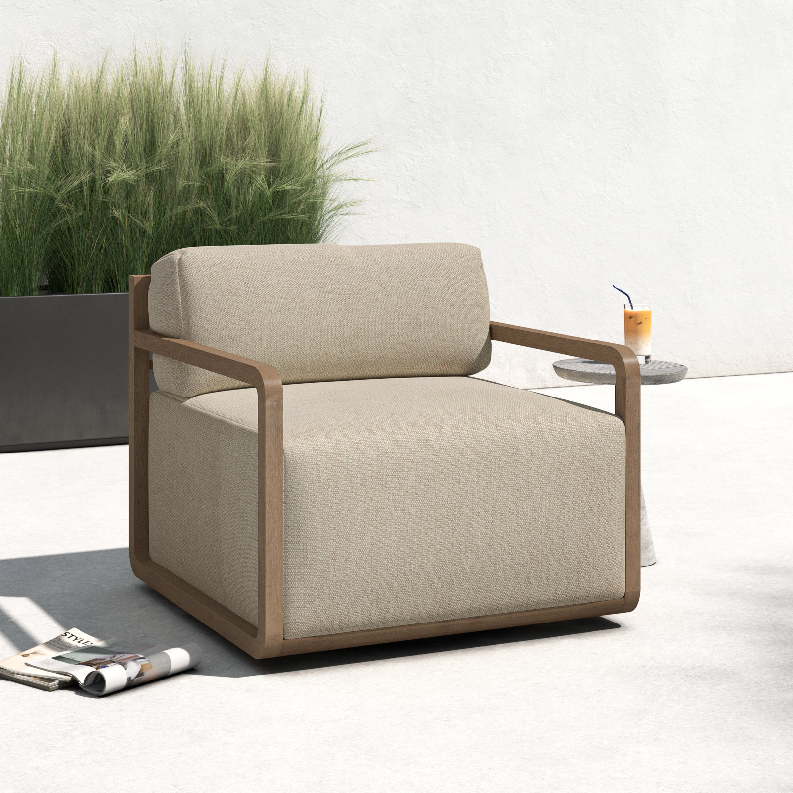 Navarre Swivel Teak Outdoor Lounge Chair, Faye Sand