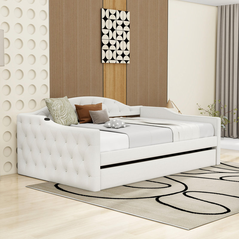 Lit de jour simple rembourré avec lit gigogne simple et ports USB, Beige