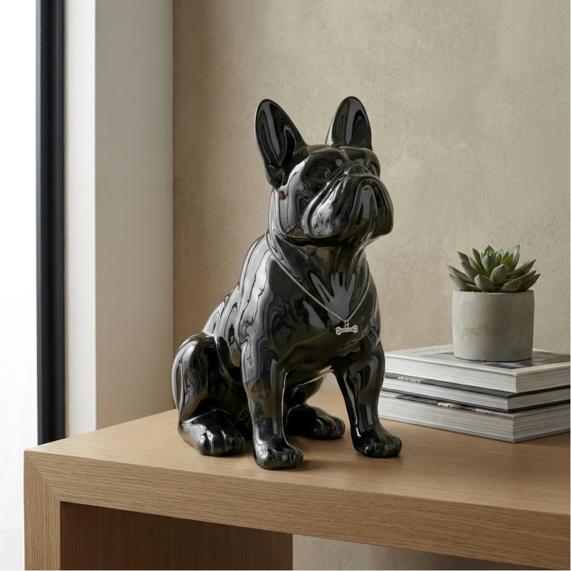 Sculpture bouledogue français noir en céramique lustrée de 12 po Winston, Noir