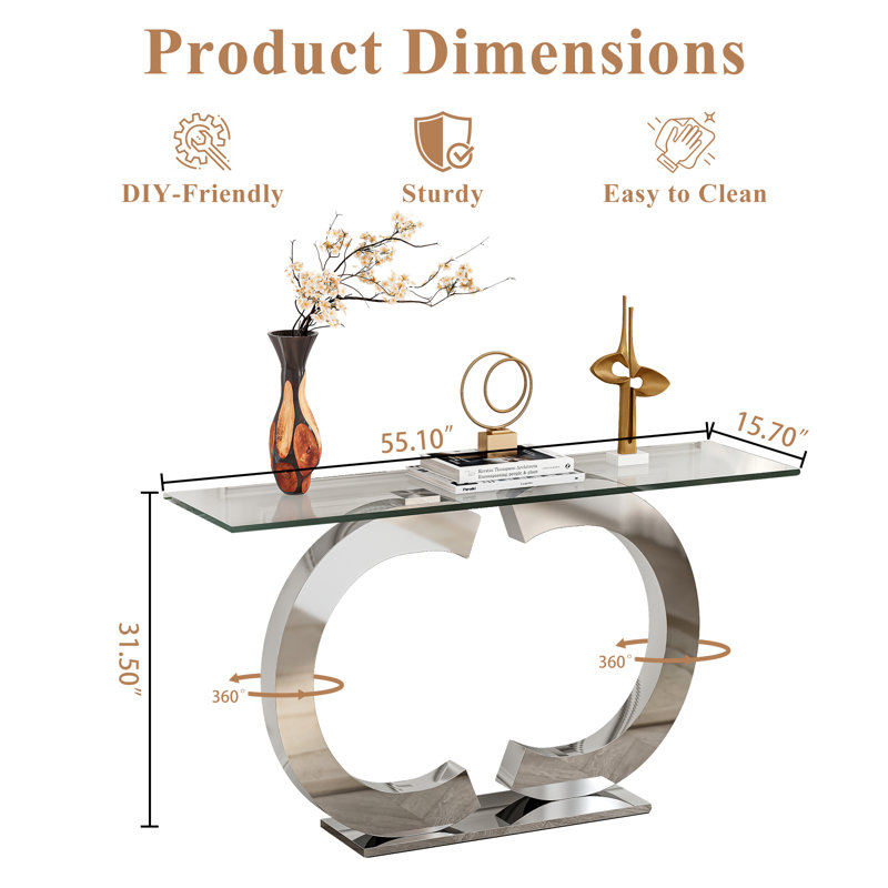 Modern Console Table, 55.1" Tempered Glass Top and 360° Rotatable Stainless Steel Double "C" Base, Silver
