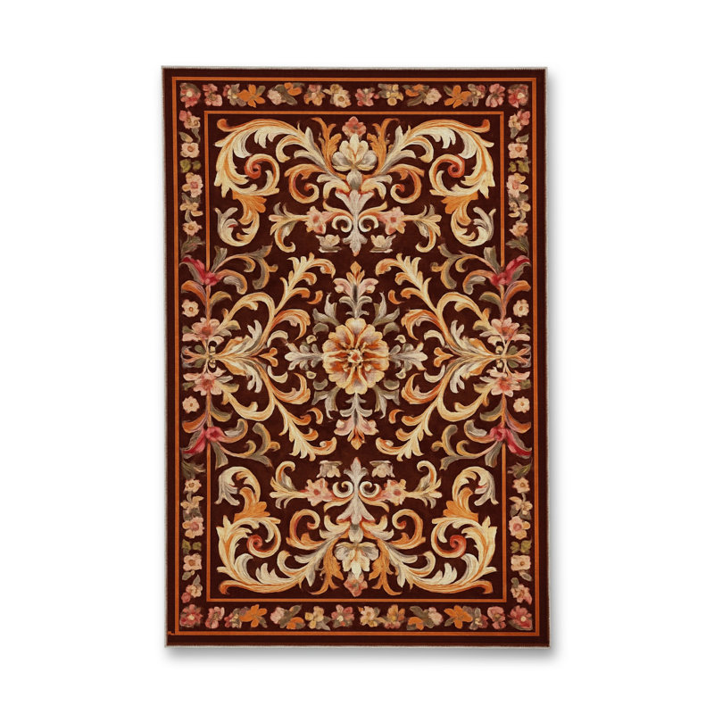 Tapis brun tissé à motif floral lavable Mosso, 3'3" x 4'11"