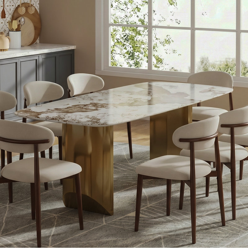 Wakenda 78.7" Modern Rectangular Sintered Stone Dining Table With Stainless Steel Base, Gold, 37" W x 78" L