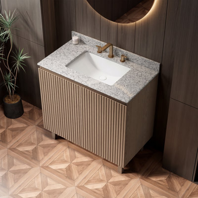 Meuble-lavabo moderne à un lavabo avec comptoir en pierre, résistant à l'humidité et muni d'un trop-plein, en chêne.