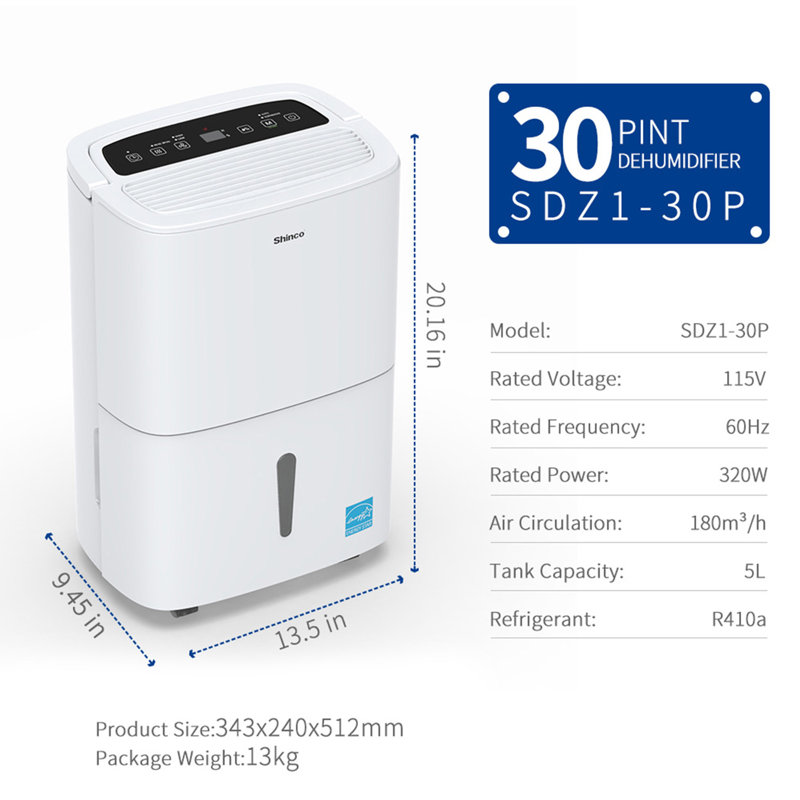 Shinco 30 Pints Console Dehumidifier for Rooms up to 3000 Cubic Feet