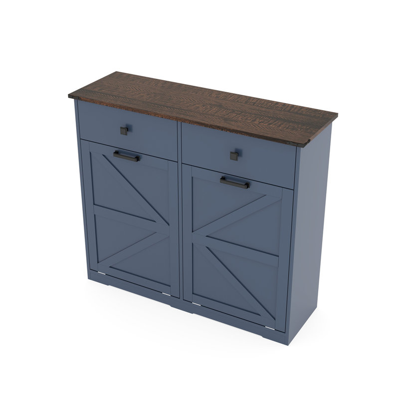 Armoire poubelle bleue à double basculement 20 gallons, conception cachée pour éloigner les animaux de compagnie, avec plateau de table et tiroirs de rangement imperméables pour économiser de l'espace