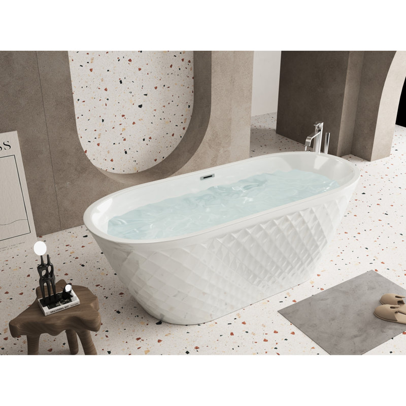 59 - Inch Acrylic Freestanding Bathtub, Oval Shape, Gloss White Finish, Center Drain, Contemporary Soaking Tub, Double Wall Insulation, Effortless Installation, Modern Style, Ce/ 61 Inches Polished