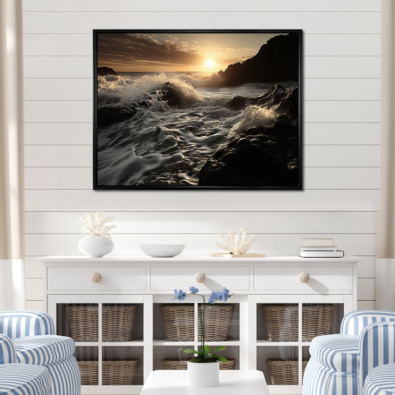 Photo de plage avec vagues ensoleillées - impression, H 30 po x l 40 po x P 1,5 po, Cadre flottant noir