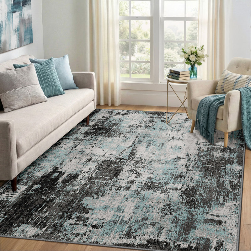 Modern Abstract Printed Area Rug Non-Slip Machine Washable Low Pile for Living Room Bedroom, Rectangle 5' x 7', Blue/Black