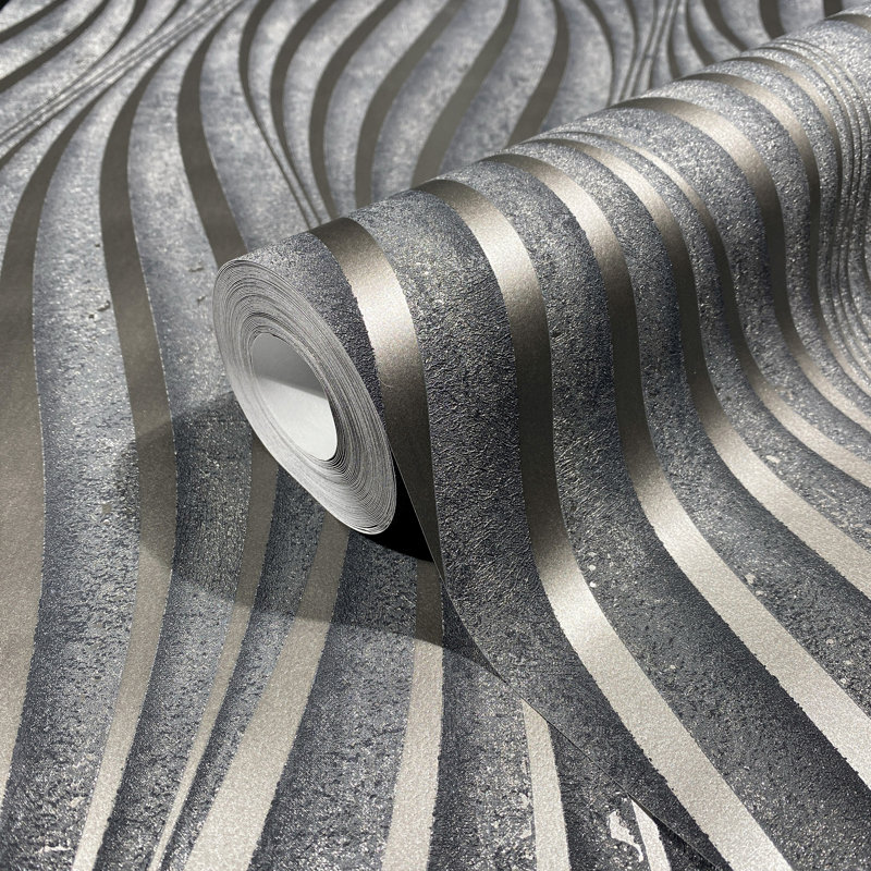 Kavalier Wave Ribbons 10.05M X 53Cm Pearlescent Sheen Wallpaper Roll, Black/Silver