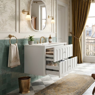Meuble-lavabo flottant moderne de 30 po avec lavabo intégré en céramique et armoire à 2 tiroirs en bois massif (noir / blanc)