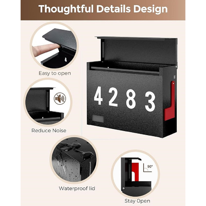 Black Metal Wall Mount Mailbox with Red Flag and Number Stickers
