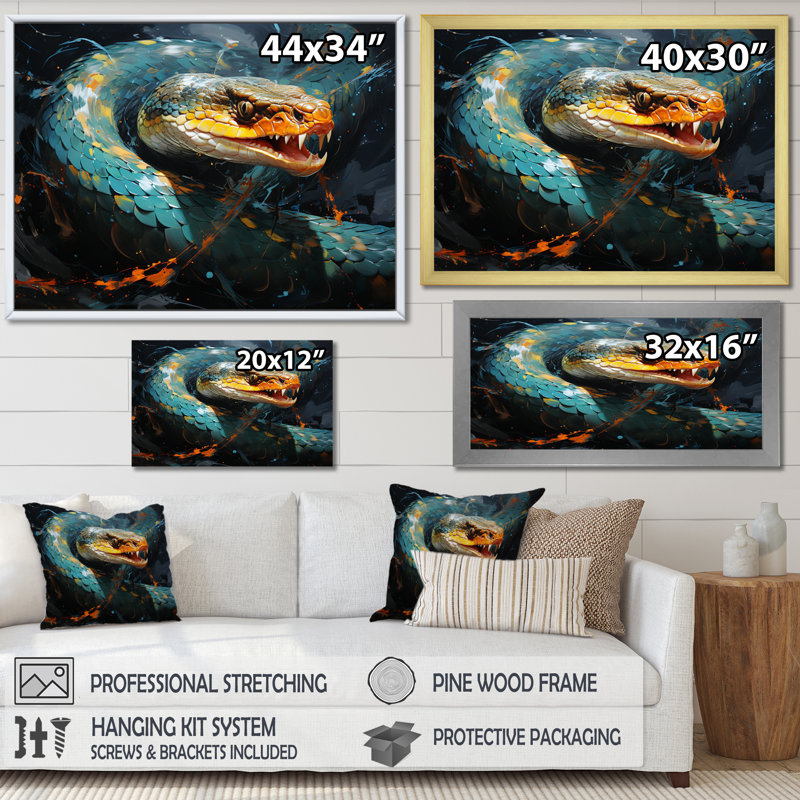 Emerald Snake Intertwining - Reproduction d'art mural animaux, Cadre flottant noir, H 34 po x l 44 po x P 1,5 po