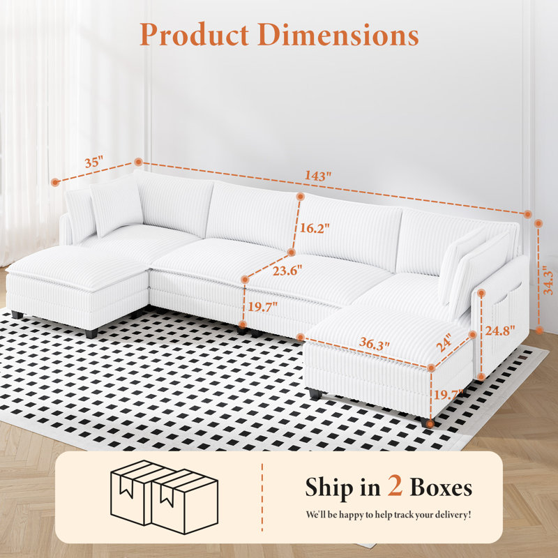 Canapé modulaire en forme de U de 143 po avec 2 repose-pieds, Velours côtelé blanc