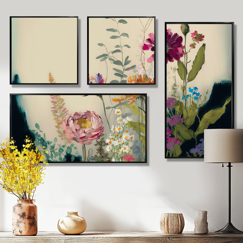 Painted Blossoming Wildflowers I - Art traditionnel, impressions sur toile 4 pièces, Impression encadrée sans passe-partout