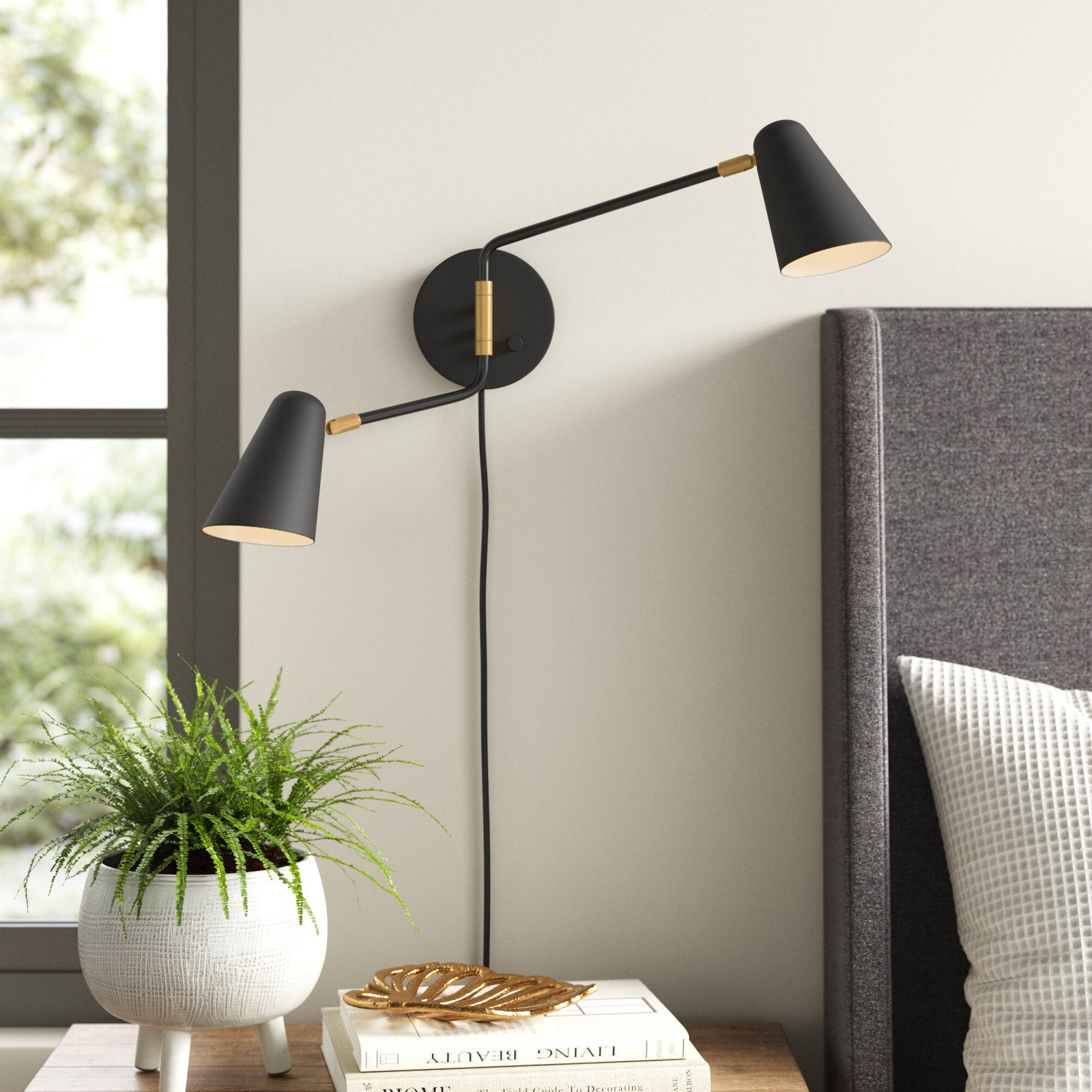 Macie 2-Light Dimmable Swing Arm Sconce, Black/Lacquered Brass, Black