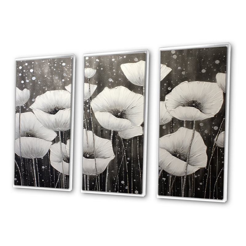 «Grey Poppies Silver Serenity» - ensemble d'art mural coquelicots, H 28 po x l 36 po x P 1 po, Cadre flottant blanc