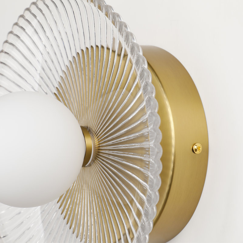 Half Moon Disc Clear Ribbed Glass Shaded Led Integrated Brass Wall Sconce, Brushed Brass