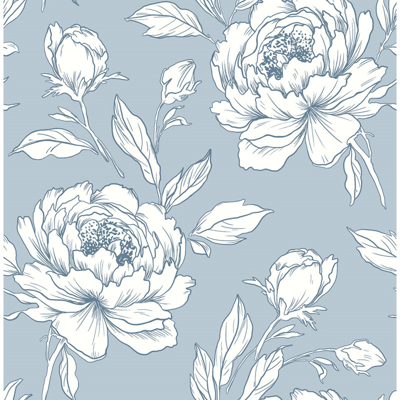 Papier peint floral pivoine, Bleu ciel / blanc / bleu