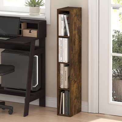 Book Shelf, 4-Tier Narrow Bookshelf, Standing Bookcase with 6-In Width Storage Shelf, 9.3 x 5.9 x 41.6, for Organization and Storage, for Living Room, Bedroom, Home Office, Amber Pine
