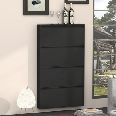 Metal Shoe Cabinet with 4 Flip Drawers, Wall Mounted Shoe Organizer, Narrow Slim Hidden Shoe Rack Storage for Entryway, Black
