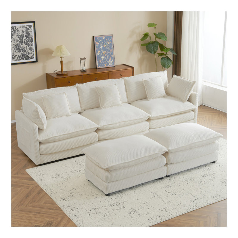Canapé modulaire rembourré en L 112,6 po avec poches de rangement latérales pour le salon 112,6 po, Beige