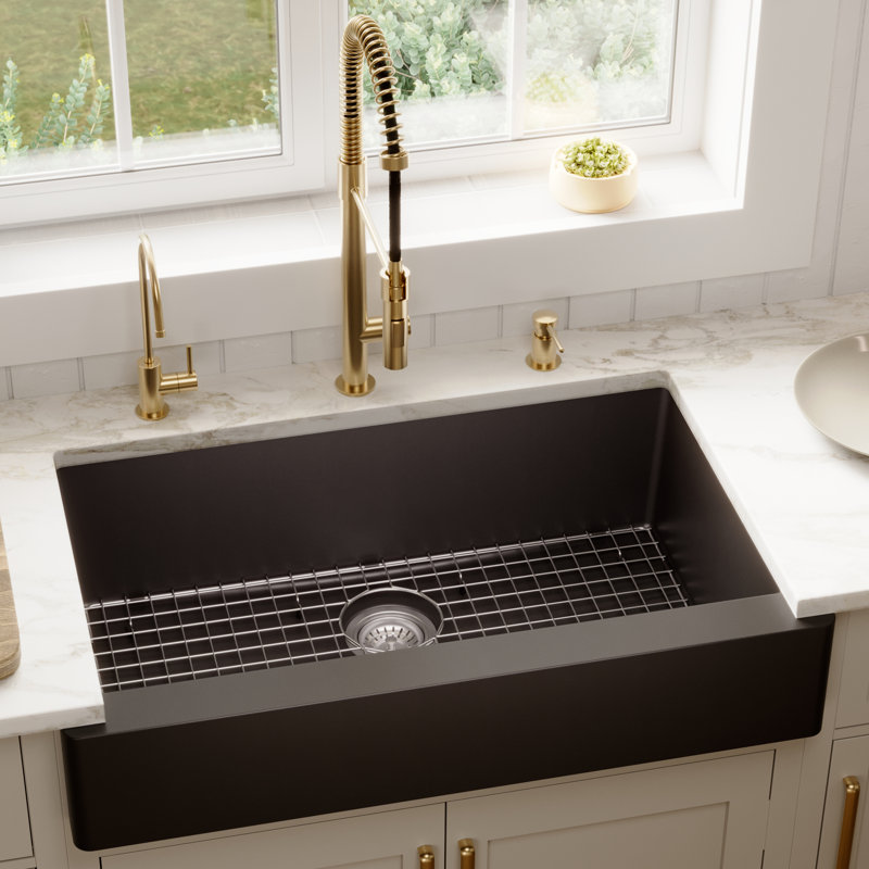 Karran Quartz 34'' X 21-1/4'' Single Bowl Retrofit Farmhouse/Apron Front Kitchen Sink Kit, Black