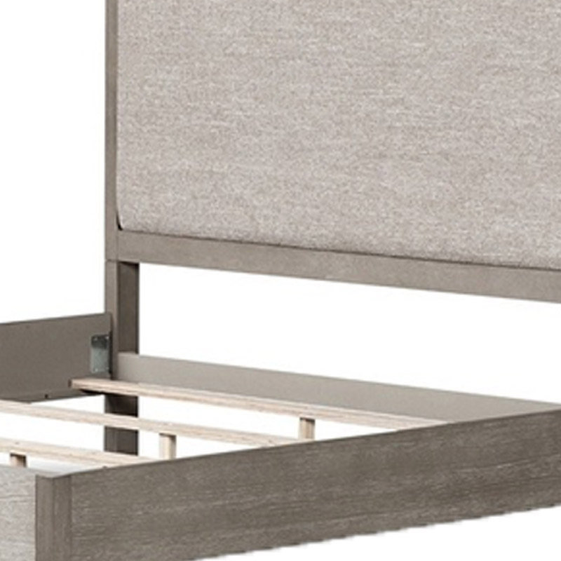 Rizvi Queen Size Bed, Upholstered Headboard, Grey Fabric, Solid Wood, Queen