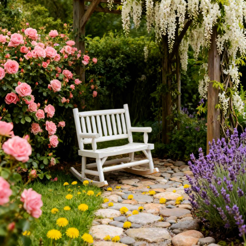 Causeuse robuste avec larges sièges incurvés, chaise berçante en bois avec motif de bûches, pour patio, cour arrière, jardin