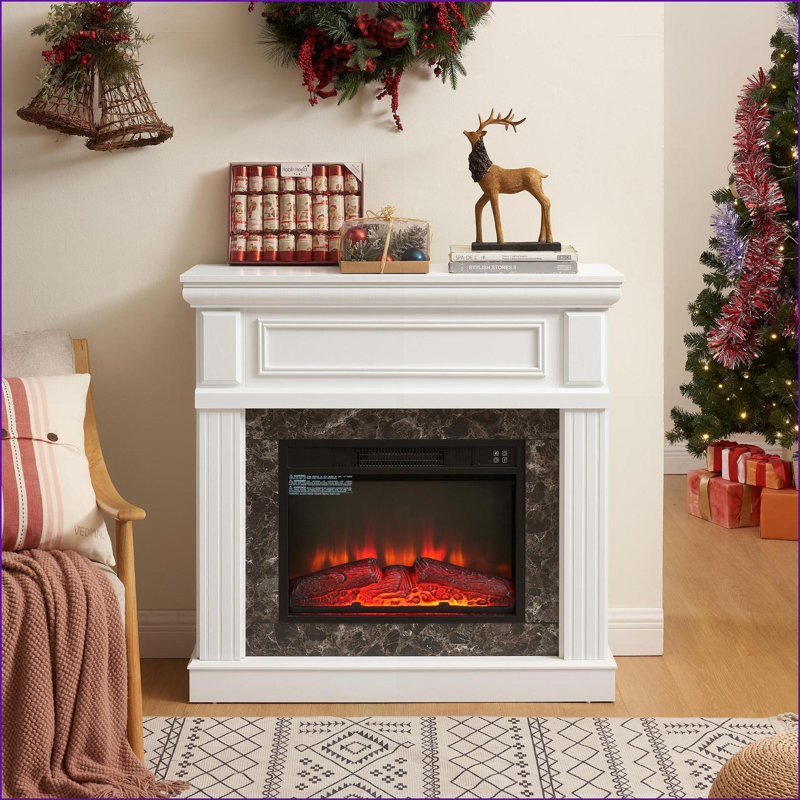 Foyer électrique avec manteau de cheminée, insert de 23 po, flamme réglable, télécommande | Blanc neige | Bois aggloméré / PB | L 41,34 po x P 14 po