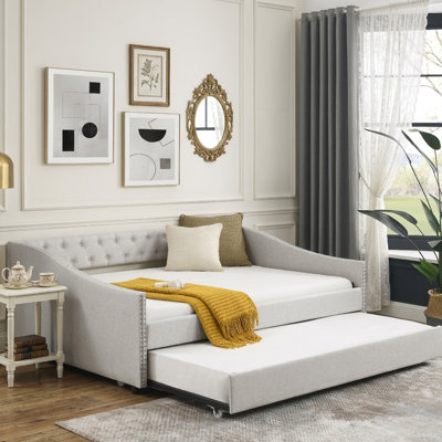 Glam Button-Tufted Full Size Upholstered Daybed with Nailhead Trim Trundle Sofa Bed