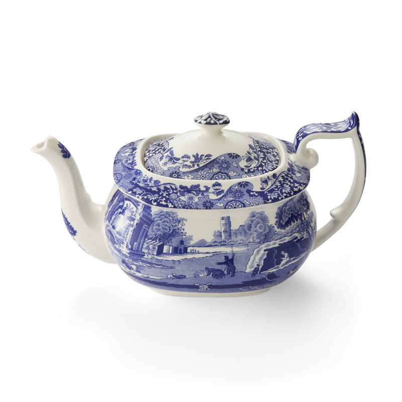 Blue and White Earthenware Teapot with Italian Countryside Design