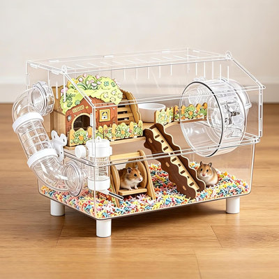 Grande cage à hamster en acrylique transparent avec accessoires de jeu complets, 2 niveaux transparents pour petits animaux de compagnie avec roue de couloir cachée, pour souris gerbiles nains syriens