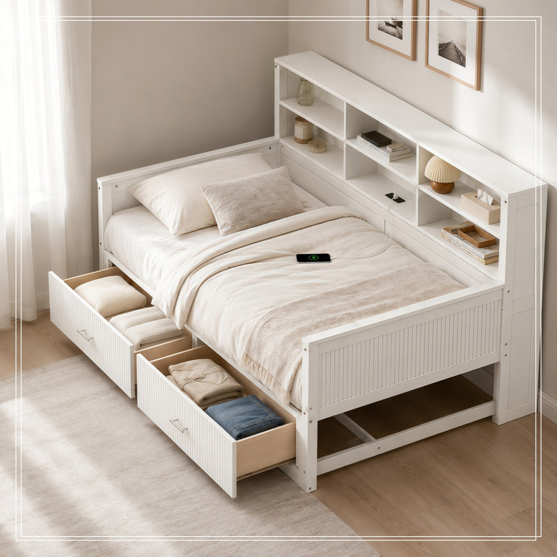 Lit simple Brunelle en bois avec 6 tablettes de rangement, 2 tiroirs de rangement et une station de charge, Blanc