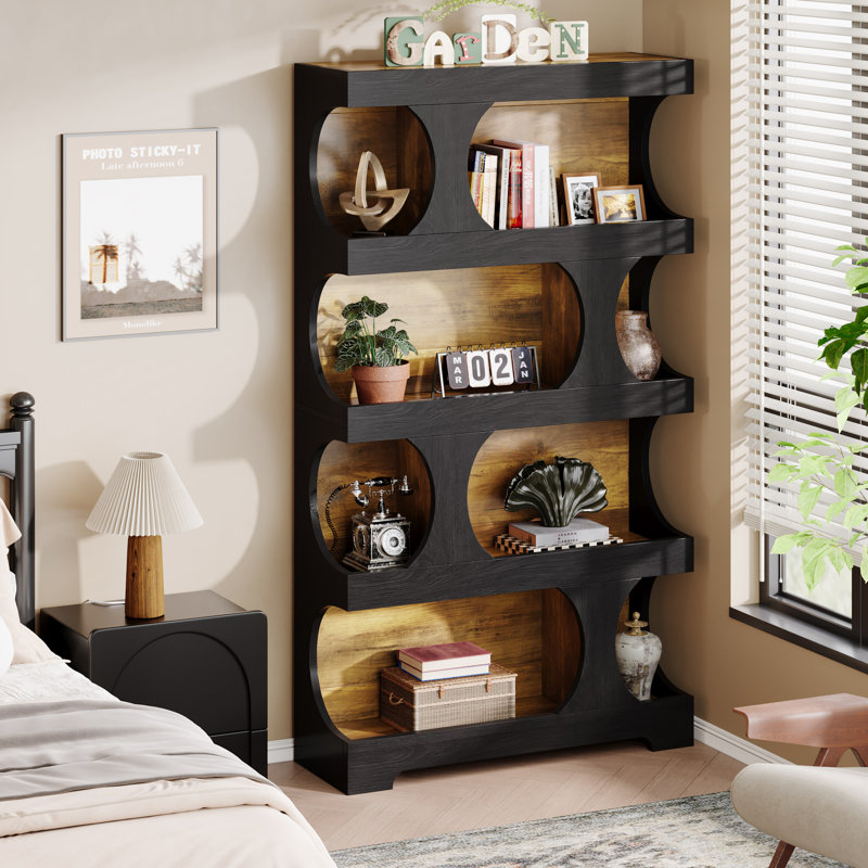 71" Tall Bookcase, 4-Tier S-Shaped Bookshelf, Black/Light Brown