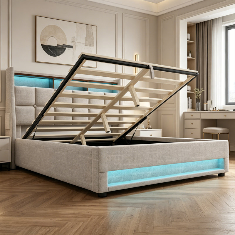 Lit plateforme double avec rangement hydraulique, lumières DEL et station de charge, Lit double, Beige