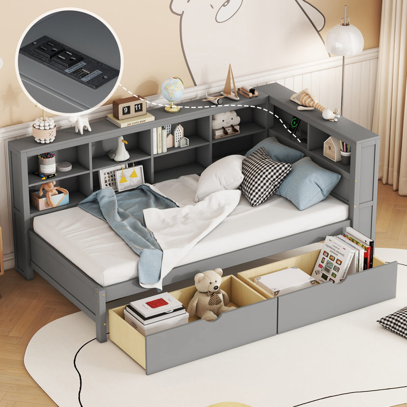Wooden Twin Size Daybed with 2 Drawers, Storage Shelf & USB Charging Station, Solid Pine Wood Frame, Grey