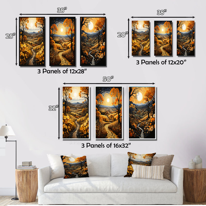 «Countryside Harvest Gold Autumn», 3 pièces sur toile, Cadre noir, H 32 po x l 48 po