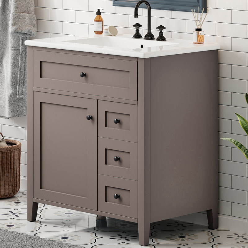 Meuble-lavabo autoportant moderne 30 po avec comptoir en céramique, Brown