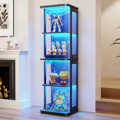 Rounded Display Cabinet With Glass Door, 4-tier Curio Cabinet With 3 Color Lights For Collectibles, Glass Display Case With Transparent Full-display Surface, Human Body Sensor, Black