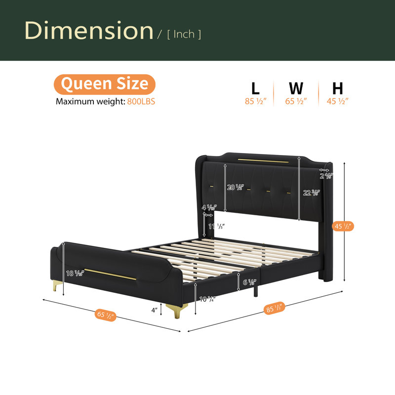 Leather Bed Frame With Wingback Headboard & Footboard,Solid Wooden Slats Support, Black, Queen