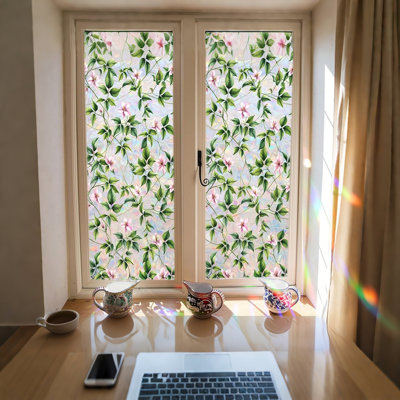Stained Glass Privacy Window Film Rainbow Green Leaves Flower Glass Door Film Static Cling Suncatcher Window Cling Covering Tint Anti UV Heat Control For Home Office 15.7" X 39.4"
