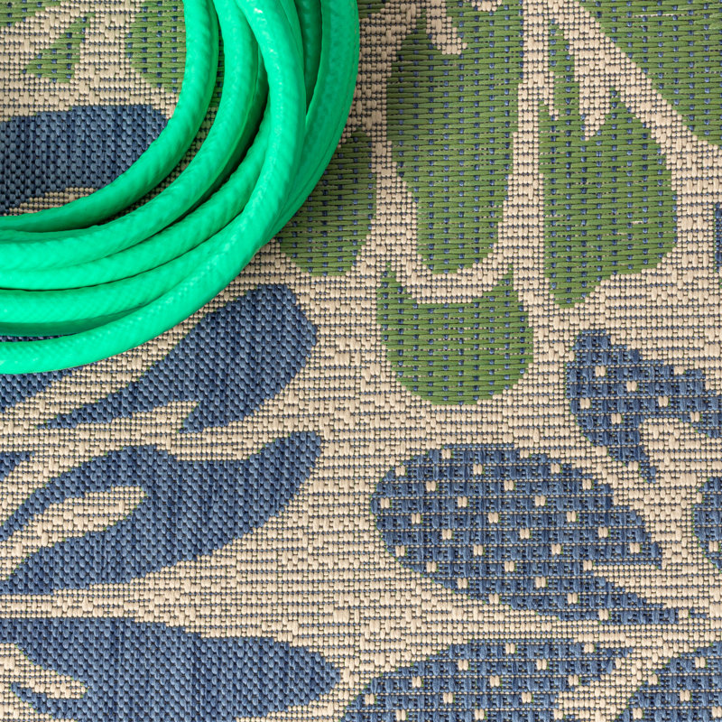 Hagy Modern Floral Textured Weave Navy/Green Indoor/Outdoor Rug, Round 9'