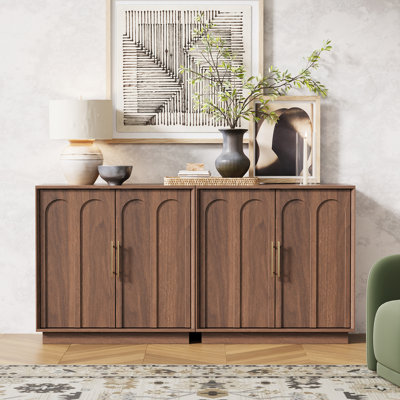Sideboard Buffet Cabinet With Storage Set Of 2, Mid Century Modern Accent Cabinet With Arched Doors, Modular Media Console, Credenza For Living Room Kitchen Dining Room Entryway, Walnut
