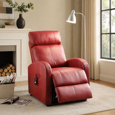 Fauteuil inclinable Ricardo rouge en polyuréthane avec fonction de levage électrique, alliant élégance moderne et fonctionnalité adaptée aux aînés pour un confort optimal.
