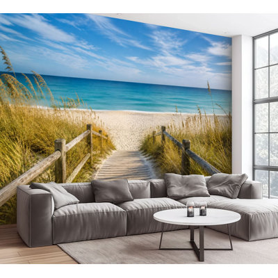 Wall Mural Peel and Stick Wallpaper Wooden Pathway to Serene Beach White Sand Blue Ocean Under Clear Sky Self-Adhesive Removable Contact Paper Wall Decor for Living Room Bedroom 100"H x 144"W