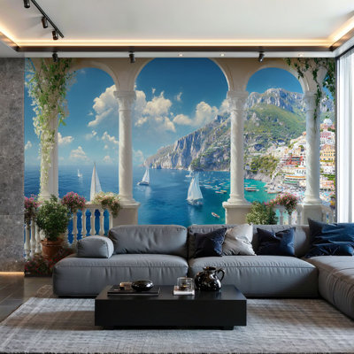 Peel and Stick Wallpaper Wall Mural Mediterranean Coastal Balcony View Sailboats Turquoise Sea Cliffside Wall Art Self Adhesive and Removable