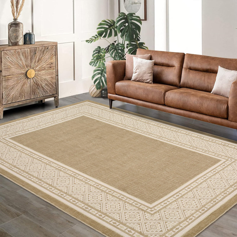 Modern Neutral Bordered Area Rugs, Flaxen 8'X10' Soft Washable Non Slip Solid Geometric Large Throw Carpet for Living Room Bedroom Dining Nursery Apartment Dorm Office Farmhouse Home Decor