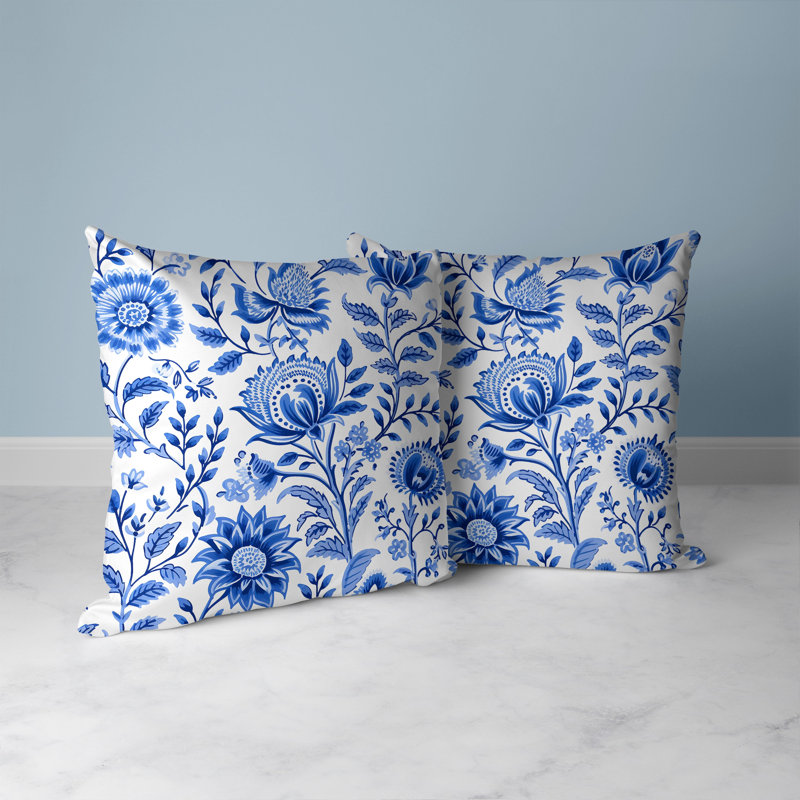 Blue and White Floral Faux Suede Square Throw Pillow