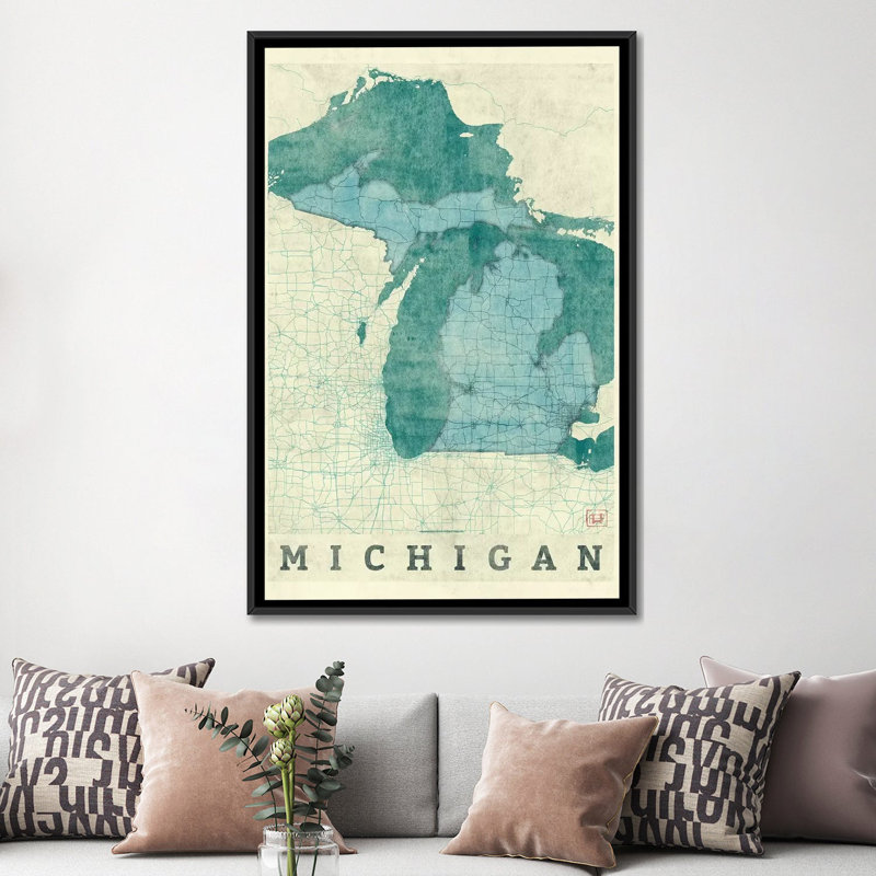 «Michigan Map», impression sur toile, H 26 po x l 18 po x P 1,5 po, Toile avec cadre noir, Pas de tapis