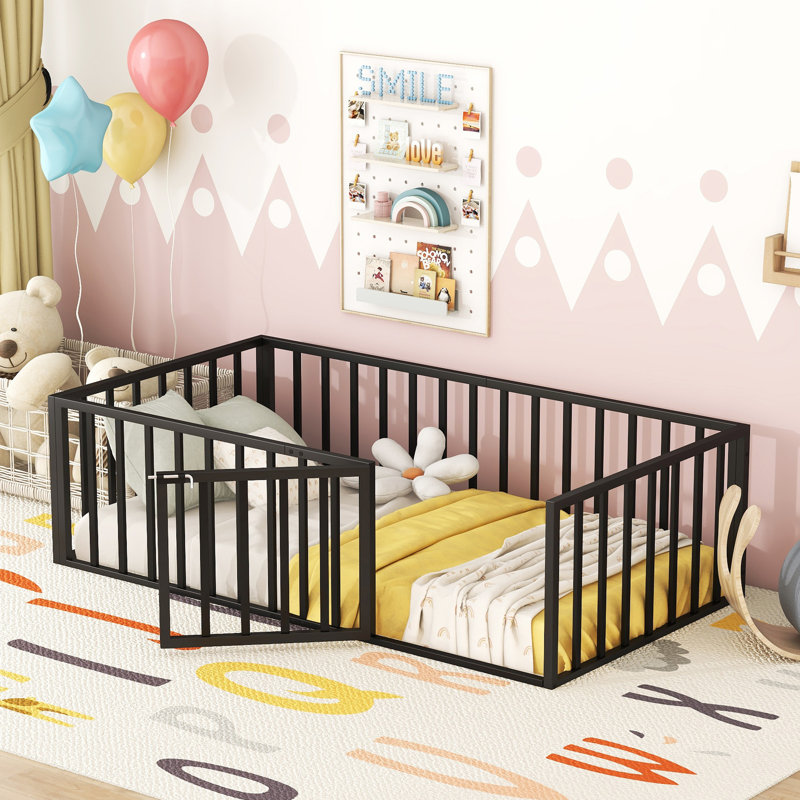 Twin Size Metal Floor Bed Frame for Kids with Fence & Door, Durable Sturdy Bed, Easy Assembly, Black, Twin, Black